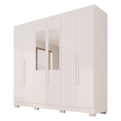 Guarda-Roupa Casal Malta 6 Portas 2 Gavetas com Espelho e Pés Branco - Pnr Móveis