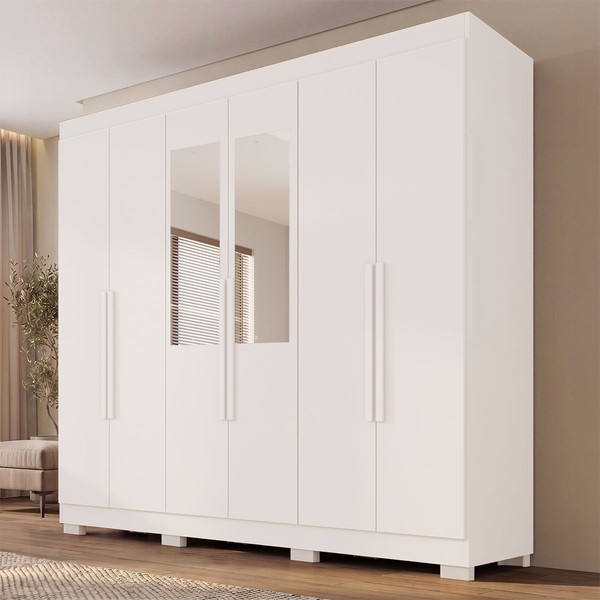 Guarda-Roupa Casal Malta 6 Portas 2 Gavetas com Espelho e Pés Branco - Pnr Móveis