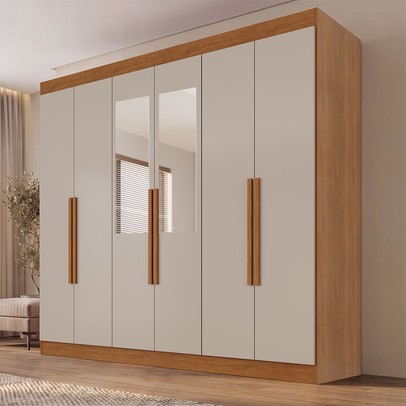 Guarda-Roupa Casal Malta 6 Portas 2 Gavetas com Espelho Cinamomo/Off White - Pnr Móveis
