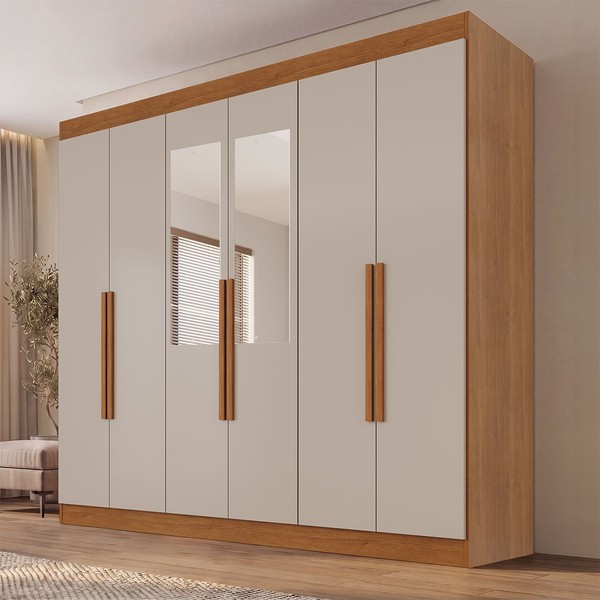 Guarda-Roupa Casal Malta 6 Portas 2 Gavetas com Espelho Cinamomo/Off White - Pnr Móveis