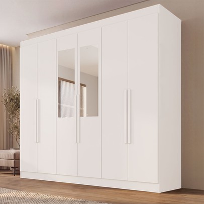 Guarda-Roupa Casal Malta 6 Portas 2 Gavetas com Espelho Branco - Pnr Móveis