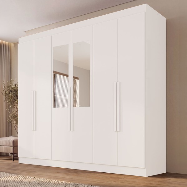 Guarda-Roupa Casal Malta 6 Portas 2 Gavetas com Espelho Branco - Pnr Móveis