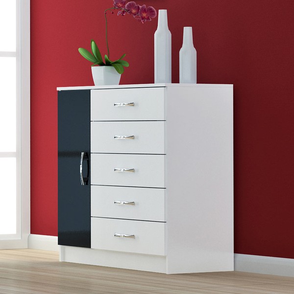 Cômoda 5 Gavetas 1 Porta Cp153 Branco/Preto - Evidência Móveis