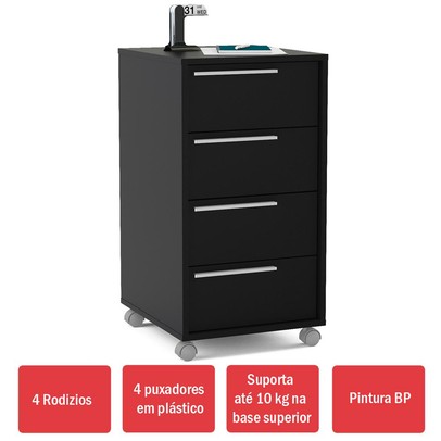 Gaveteiro com Rodízios Maia 4 Gavetas Maia Preto 2488 - Politorno