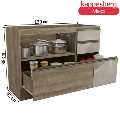 Balcão de Cozinha para Pia 120 Cm Maxxi 1 Porta 4 Gavetas com Vidro Nogal - Kappesberg