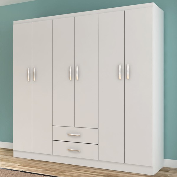Guarda-Roupa Solteiro 6 Portas 2 Gavetas Atalaia At621 Branco - Evidência Móveis