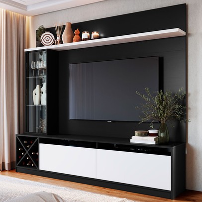 Rack com Painel para TV Até 60 Polegadas 3 Portas 2020 Ptx/Bac Preto/Branco - Quiditá Móveis