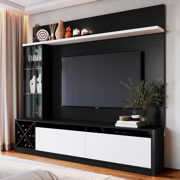 Rack com Painel para TV Até 50 Polegadas 3 Portas 2021 Ptx/Bac Preto/Branco - Quiditá Móveis