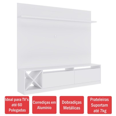 Rack com Painel para TV Até 60 Polegadas 2 Portas 2023 Bac Branco - Quiditá Móveis