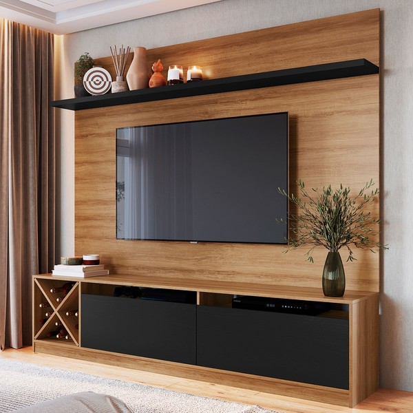 Rack com Painel para TV Até 60 Polegadas 2 Portas 2023 Mn/Ptx Montana/Preto - Quiditá Móveis