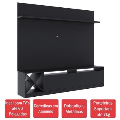 Rack com Painel para TV Até 60 Polegadas 2 Portas 2023 Ptx Preto - Quiditá Móveis