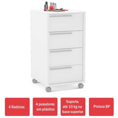Gaveteiro com Rodízios 4 Gavetas Modelo Maia 2488 Branco Bp - Politorno