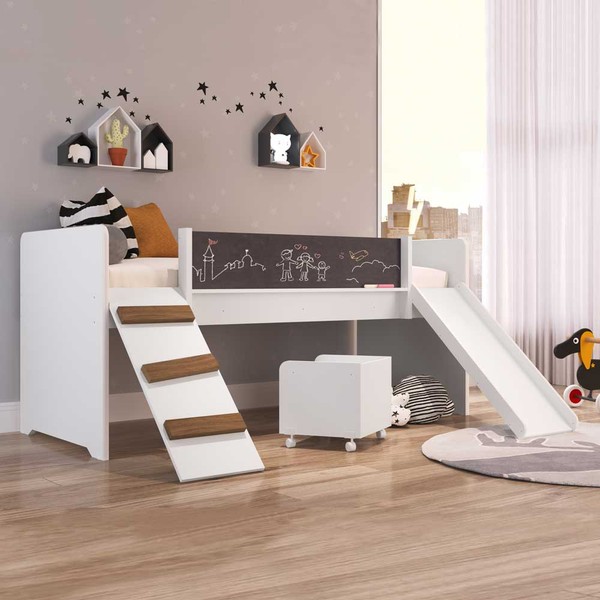Cama Infantil Playground com Escorregador e Rampa By710 Branco - Completa Móveis