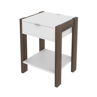 Mesa de Cabeceira 1 Gaveta com Tomada Az1016 Branco/Nogal. - Tecno Mobili