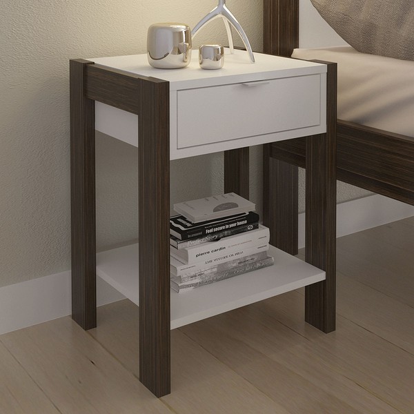 Mesa de Cabeceira 1 Gaveta com Tomada Az1016 Branco/Nogal. - Tecno Mobili