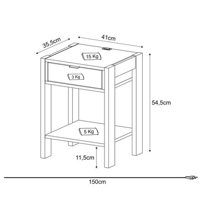 Mesa de Cabeceira 1 Gaveta com Tomada Az1016 Branco/Nogal. - Tecno Mobili