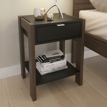 Mesa de Cabeceira 1 Gaveta com Tomada Az1016 Preto/Nogal - Tecno Mobili