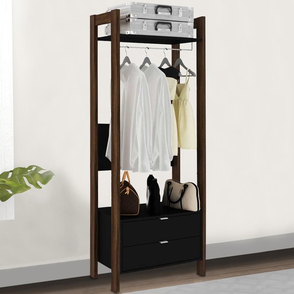 Closet 1 Prateleira 2 Gavetas com Cabideiro Az1011 Preto/Nogal - Tecno Mobili