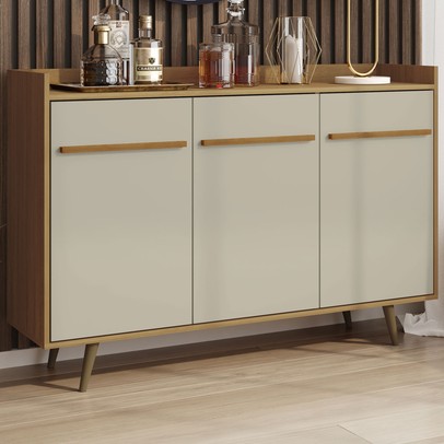 Balcão Buffet 3 Portas com Pés de Madeira Quartzo Cinamomo/Off White - Móveis Bechara