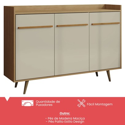 Balcão Buffet 3 Portas com Pés de Madeira Quartzo Cinamomo/Off White - Móveis Bechara