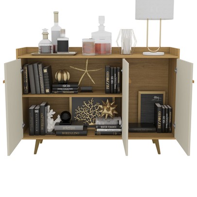 Balcão Buffet 3 Portas com Pés de Madeira Quartzo Cinamomo/Off White - Móveis Bechara