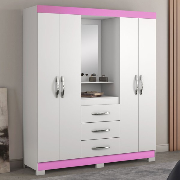 Guarda-Roupa Infantil 4 Portas 3 Gavetas com Espelho Nt5015 Flex Rosa/Branco - Notàvel