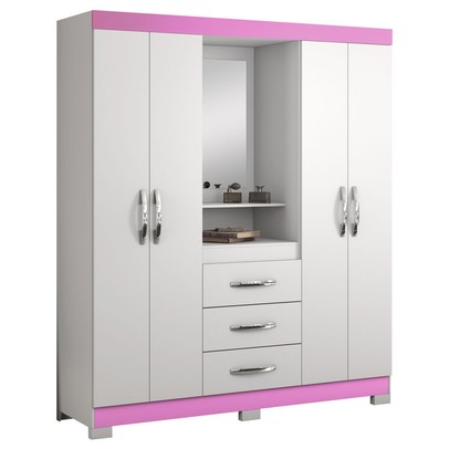 Guarda-Roupa Infantil 4 Portas 3 Gavetas com Espelho Nt5015 Flex Rosa/Branco - Notàvel