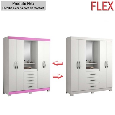 Guarda-Roupa Infantil 4 Portas 3 Gavetas com Espelho Nt5015 Flex Rosa/Branco - Notàvel
