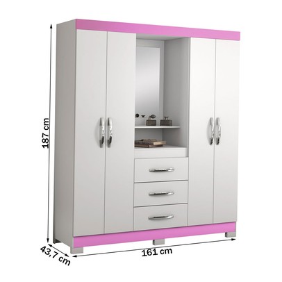 Guarda-Roupa Infantil 4 Portas 3 Gavetas com Espelho Nt5015 Flex Rosa/Branco - Notàvel