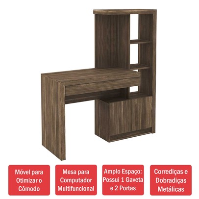 Mesa para Computador 2 Portas 1 Gaveta  Me4143 Nogal - Tecno Mobili