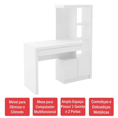Mesa para Computador 2 Portas 1 Gaveta  Me4143 Branco - Tecno Mobili