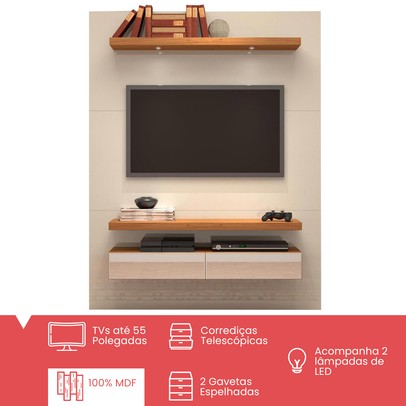 Painel para TV Até 55 Polegadas 100% Mdf com Led 2 Gavetas Tb106e Off White/Freijó - Dalla Costa