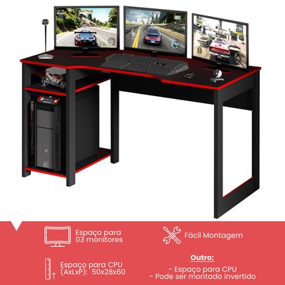Mesa Gamer Destiny Ideal para 3 Monitores Preto/Vermelho - Tecno Mobili