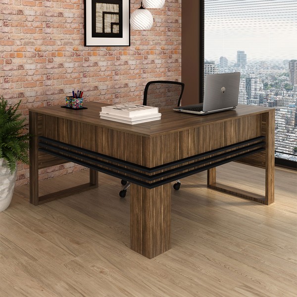 Mesa para Escritório Angular Me4145 Nogal/Preto - Tecno Mobili