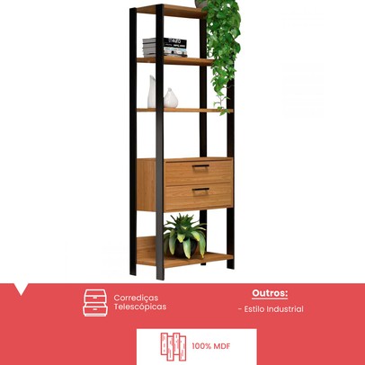 Estante para Livros 2 Gavetas 100% Mdf E91 Freijó/Preto Fosco - Dalla Costa