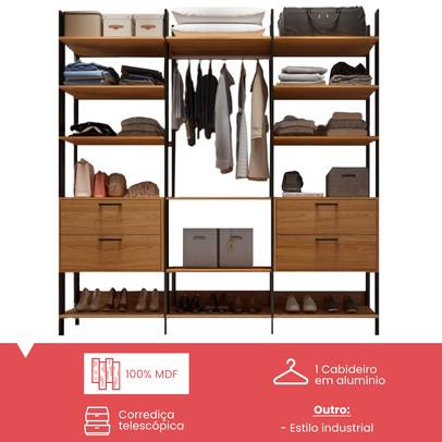 Closet 4 Gavetas Tw404 12 Prateleiras 100% Mdf Freijó/Preto Fosco - Dalla Costa