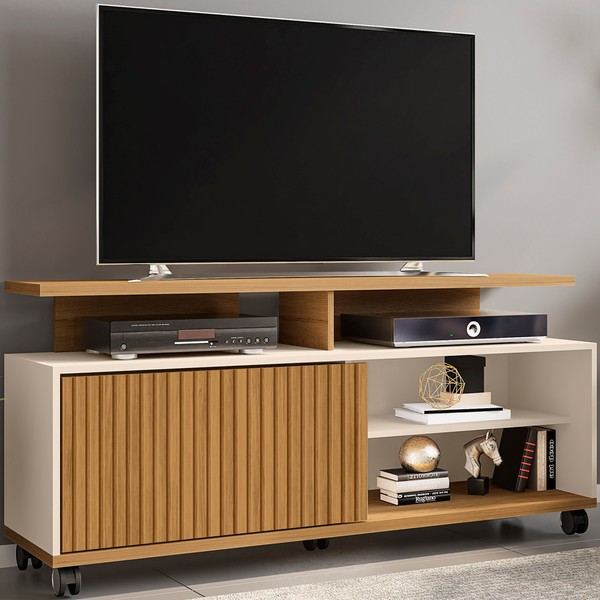 Rack para TV Até 52 Polegadas 1 Porta Topázio Ripado 3d Cinamomo/Off White - Móveis Bechara