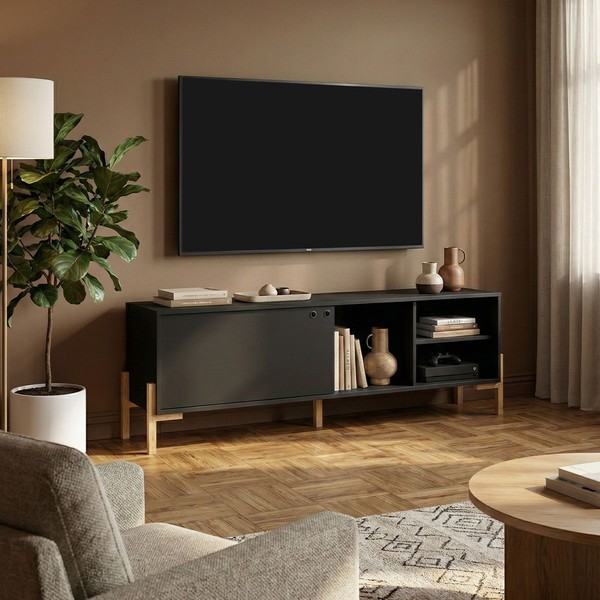 Rack para TV Até 50 Polegadas 1 Porta 3 Nichos Br 51 Preto/Pinus Claro - Brv