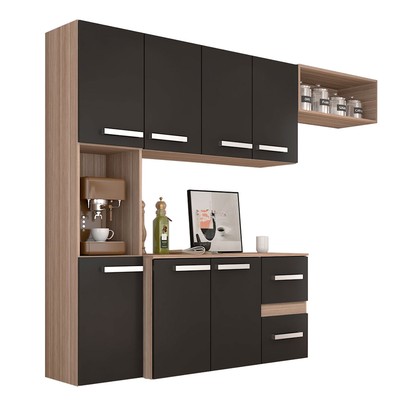 Cozinha Compacta 7 Portas 2 Gavetas Suspensa Armário e Balcão Anita Teka/Grafite - Pnr Móveis