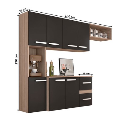 Cozinha Compacta 7 Portas 2 Gavetas Suspensa Armário e Balcão Anita Teka/Grafite - Pnr Móveis