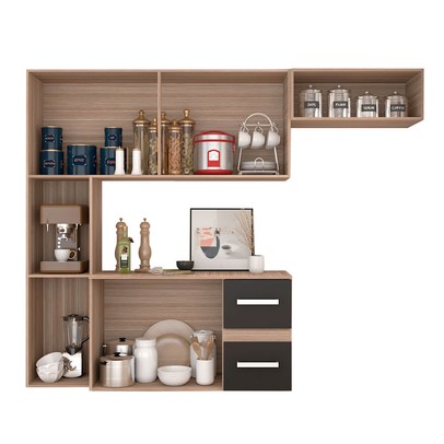 Cozinha Compacta 7 Portas 2 Gavetas Suspensa Armário e Balcão Anita Teka/Grafite - Pnr Móveis