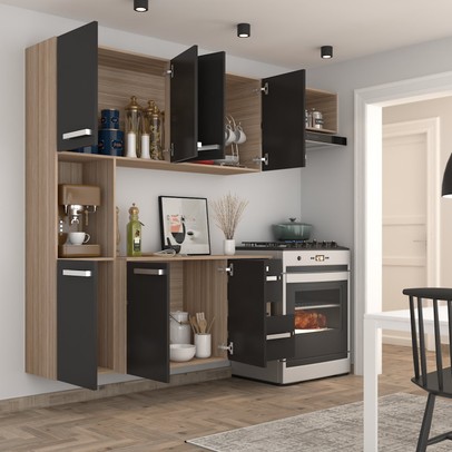 Cozinha Compacta 7 Portas 2 Gavetas Suspensa Armário e Balcão Anita Teka/Grafite - Pnr Móveis