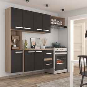 Cozinha Compacta 7 Portas 2 Gavetas Suspensa Armário e Balcão Anita Teka/Grafite - Pnr Móveis