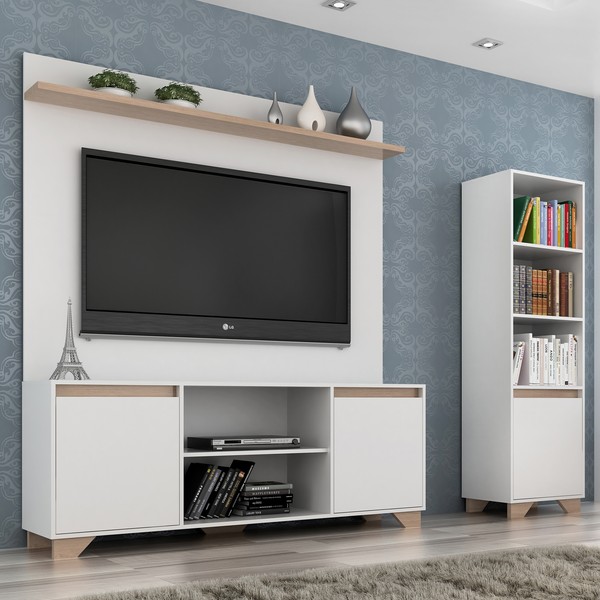 Sala de Estar Completa para TV Até 48 Polegadas Benevello 3 Portas Branco/Marrom - Quiditá Móveis