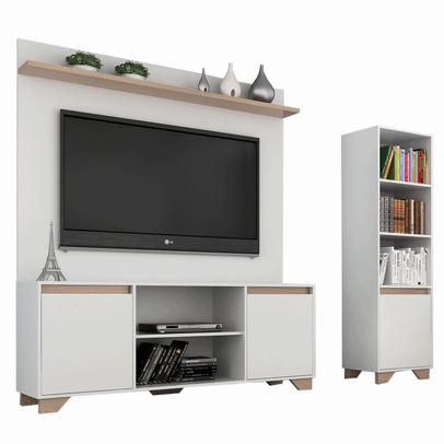 Sala de Estar Completa para TV Até 48 Polegadas Benevello 3 Portas Branco/Marrom - Quiditá Móveis