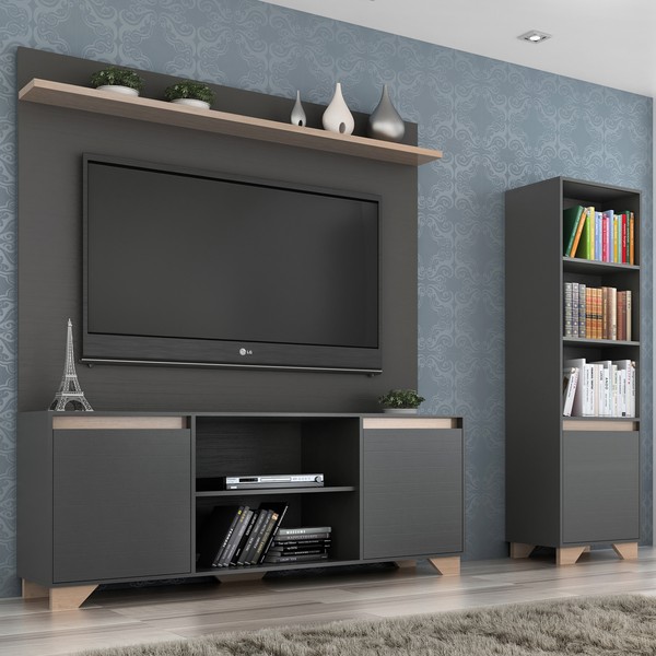 Sala de Estar Completa para TV Até 48 Polegadas Benevello 3 Portas Preto/Marrom - Quiditá Móveis