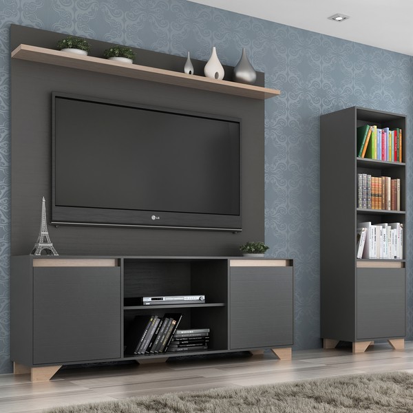 Sala de Estar Completa para TV Até 50 Polegadas Benevello 3 Portas Grafite/Siena - Quiditá Móveis