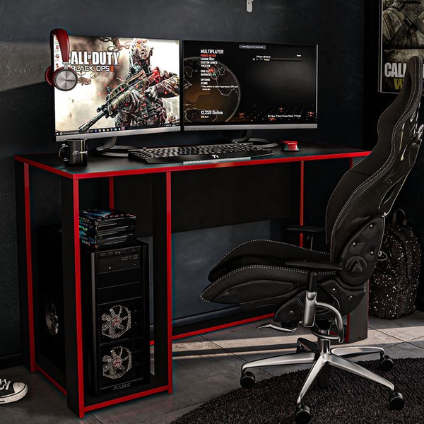 Mesa Gamer Singapura Ideal para 2 Monitores Preto/Vermelho - Politorno