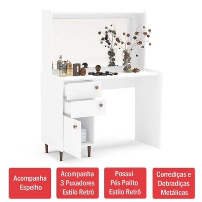 Penteadeira Luisiana 1 Porta 2 Gavetas com Espelho Branco - Politorno