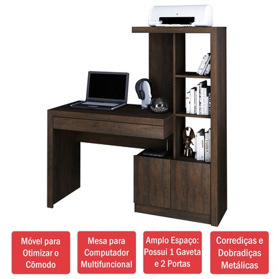 Mesa para Computador 2 Portas 1 Gaveta  Me4143 Rústico - Tecno Mobili